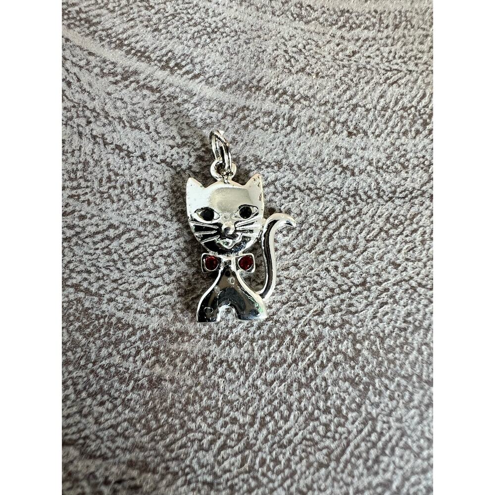 Vintage Jezlaine Sterling Silver Cat Kitten Kitty Pendant Charm Red Rhinestone